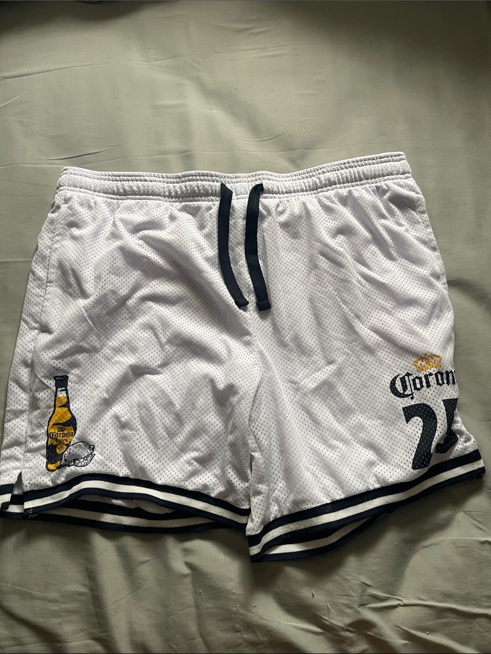 Corona White Mesh Shorts with Navy Trim and Bottle Patch